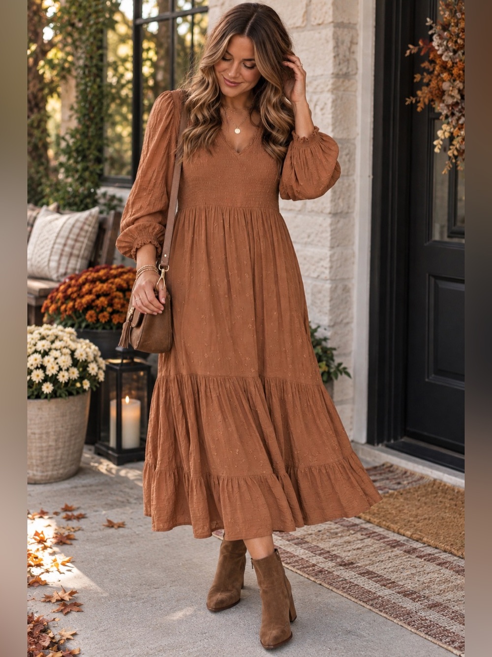 OLD NAVY Tiered MIDI Dress 4X Rust Brown Boho Long Sleeve V-Neck Cottagecor